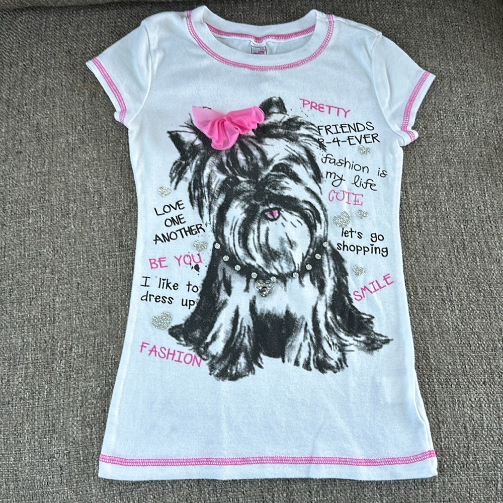 Beautees Girls White Yorkie Bow Ehite Short Sleeve Small T-shirt